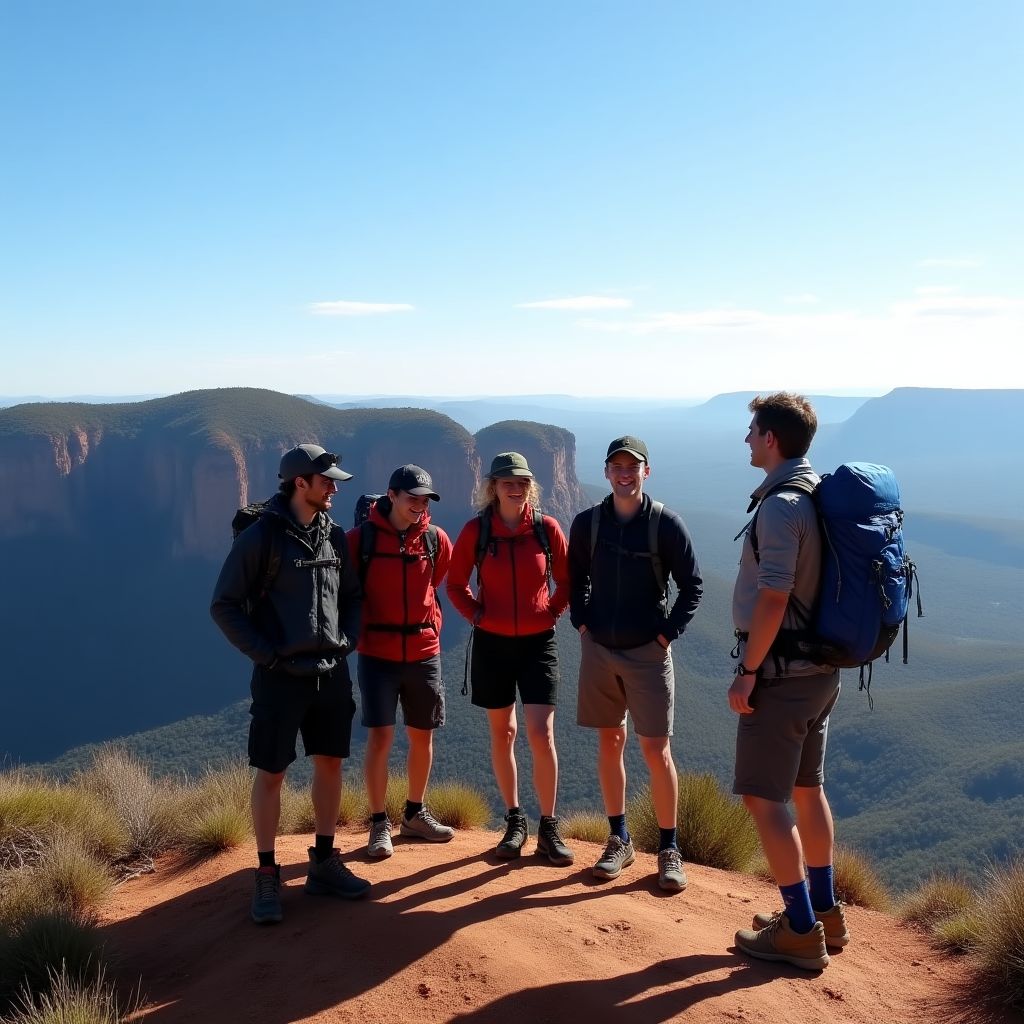Team of hiking guides on mountain summit